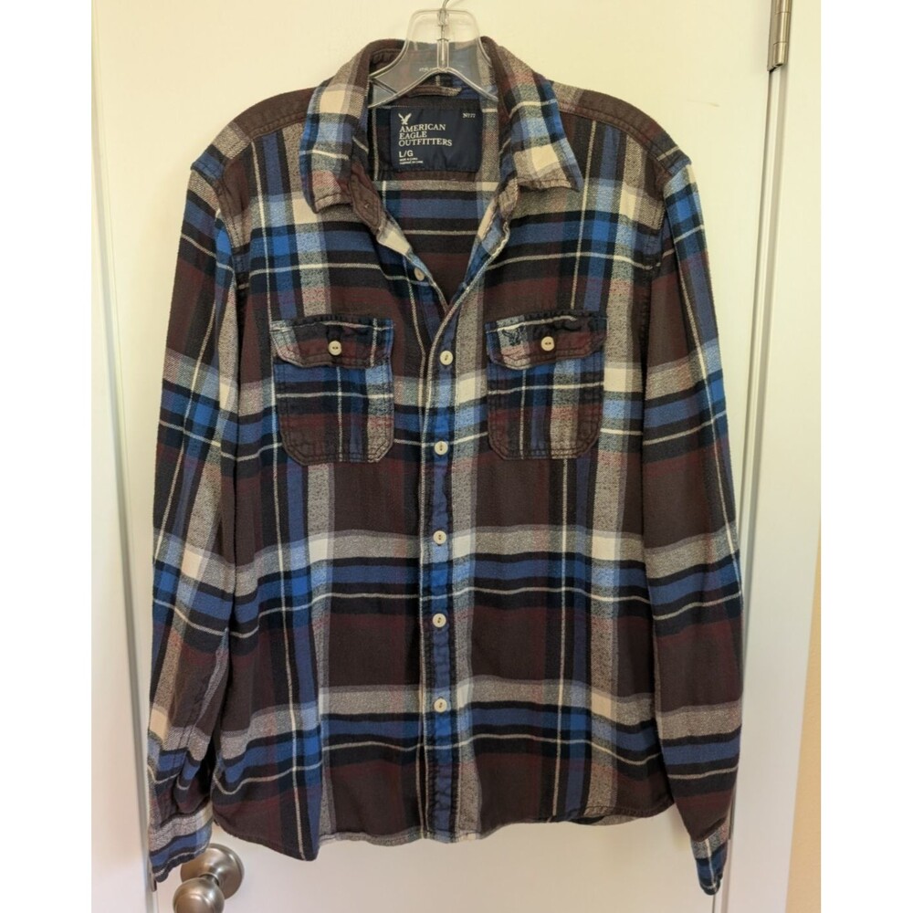 American Eagle Plaid Athletic Fit Flannel Shirt L Brown Preppy Gorpcore Beachy